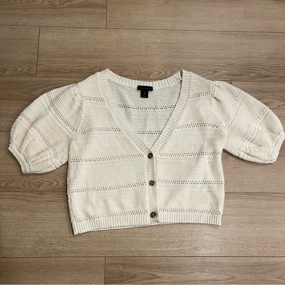 House of Harlow 1960 Cream White Button Up Down Puff Sleeve Knit Cardigan Size L